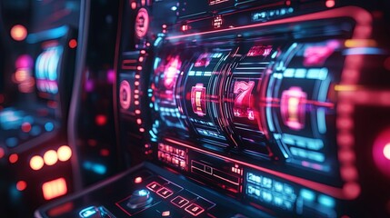 A futuristic digital slot machine interface with vibrant neon lights.