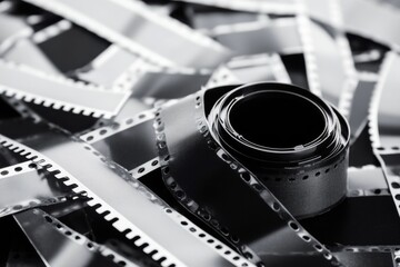 Aufkleber - Scattered black and white film strips reflecting the essence of retro photography and timeless memories captured with care