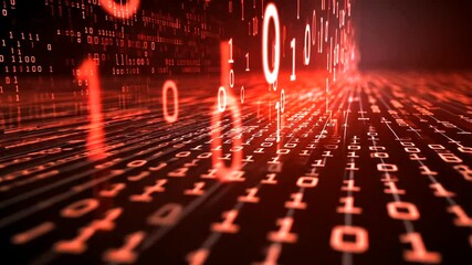 Red binary code forms a dynamic, abstract, and technological digital data stream and flowing information
