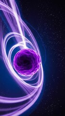 Wall Mural - Purple energy sphere in cosmic scene amidst swirling light trails against a backdrop of stars, galaxy concept, abstract art