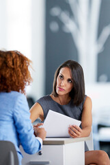 Poster - Business, interview and woman in office with resume, cv and man with human resources for contract agreement. Information, hiring and recruiting for professional job position, discussion and meeting