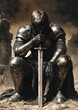 © zong - Female Knight Warrior in Decorative Armor Kneeling with Sword and Castle Background
