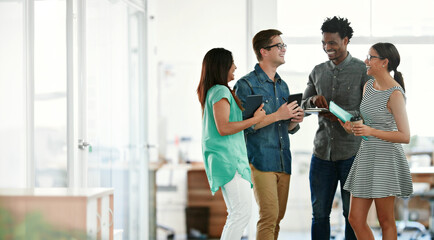 Fototapete - Meeting, people and happy in office with documents for teamwork, collaboration and plan as graphic designer. Employee, conversations and smile for creativity, planning and brainstorming for project