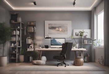 Wall Mural - modern home interior 3d office background render mockup space chair bright empty style cabinet book border gallery beige house blank exhibition white room table art isolated wood floor wooden picture