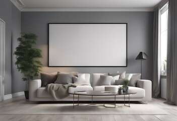 Wall Mural - blank 3d frame room picture rendering living wall white black design up light floor sofa background poster decoration empty art image modern interior furniture three-dimensional illustration concept