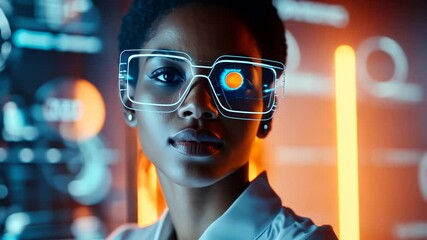 Futuristic Vision: African American Woman Exploring Digital Interfaces with Augmented Reality Glasses