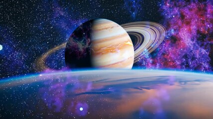Wall Mural - Striking outer space planetary scene with swirling nebula and ringed gas giant illuminating the cosmic darkness