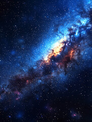 Wall Mural - A stunning vista of a vibrant star-filled galaxy with blue and orange hues streaking across a dark cosmic backdrop.