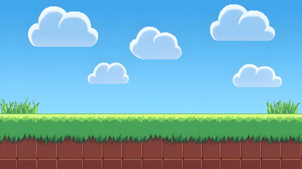Vibrant Pixel Art Landscape with Green Grass and Blue Sky Featuring White Clouds for a Retro Gaming Background Scene