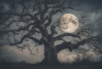 Wall Mural - cloudy old skies moon artwork tree style retro full background moonlight vintage light planet weathe