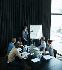 Poster - Man, presentation and coworkers in office for meeting, business planning and white board demonstration. Presenter, company and goals or idea with strategy, collaboration with professional for project
