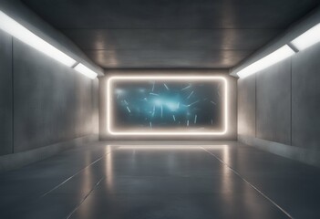 Wall Mural - billboard futuristic lighted ceiling sci refelctive glass floor concrete fi concept big 3d dark rendering room empty design architectural corridor architecture geometric hall bright composition