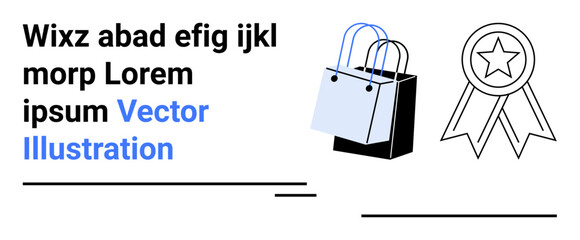 Shopping bags and a star medal badge symbolizing retail, quality, recognition, e-commerce. Ideal for business branding, online marketing, loyalty programs, awards, certificates flat landing page