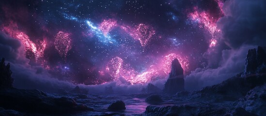 Alien planet, nebula sky, rocky shore, fantasy artwork, game background