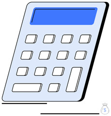 Calculator with buttons and a blue display screen emphasizes calculation, budgeting, or financial app themes. Ideal for finance, accounting, taxes, savings, investments planning education. Flat