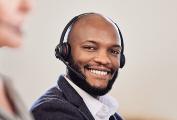 Poster - Happy black man, portrait and call center with headphones for consulting, customer service or telemarketing at office. Face of African male person, consultant or agent with smile for online advice