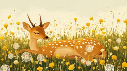 Poster - Deer lies peacefully in a field of dandelions, surrounded by calm Lapki nature and a serene atmosphere, evoking tranquility and beauty