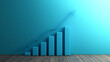 © watz - A blue bar graph with an upward trending arrow casting shadows on a wood-grain floor against a matching wall.