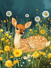 Poster - Peaceful deer resting among colorful dandelions in a serene field setting of Lapki nature