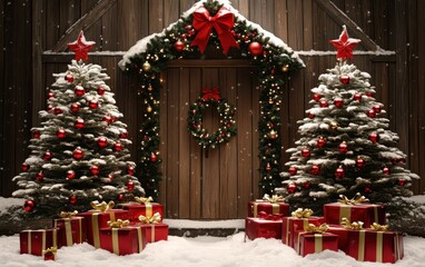 Wall Mural - Festive wooden door adorned with Christmas decorations and gifts placed in front.