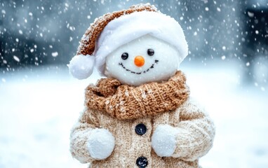 Wall Mural - A snowman dressed in a hat and coat stands proudly in the winter landscape.