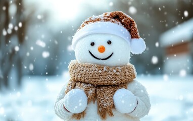 Wall Mural - A snowman adorned with a hat and a colorful scarf stands in a winter landscape.