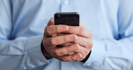 Poster - Business man, hands and phone for communication, check email and professional for planning. Male person, fingers and employee for online research on internet, networking and consultant for planning