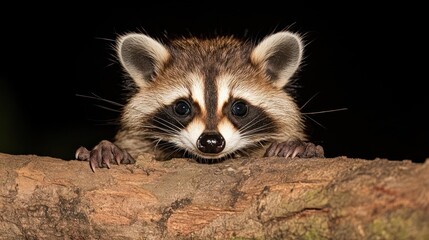 Poster - Close up of an animal with visible fur texture, perched on a tree branch with a dark background. The animal's distinctive facial markings and paws are clearly visible in a nocturnal environment