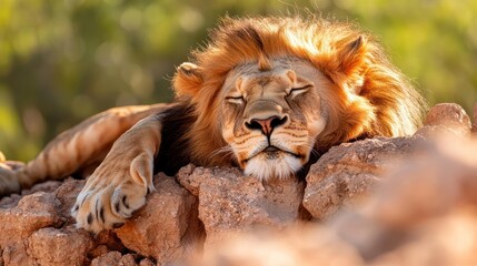 Aufkleber - Close-up shot of a regal male lion with a golden mane, resting peacefully on sun-kissed rocks. The soft focus background accentuates the majestic presence of the animal in its natural habitat, bathed