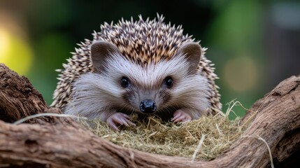 Poster - A close-up shows a hedgehog with brown and white quills perched on a branch surrounded by dry moss. Its small eyes are focused forward against a backdrop of blurred green foliage