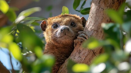 Poster - Close-up of a brown woolly monkey in a tree, surrounded by green leaves. The monkey is holding onto the trunk and looking directly at the viewer. The lighting is natural and highlights the animal's