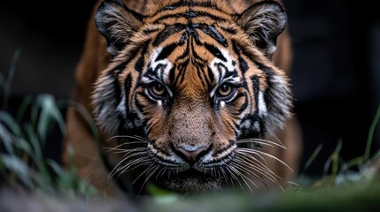 Aufkleber - A close-up, low-angle shot captures a feline predator with striking orange and black stripes in its natural habitat. The feline's intense gaze is fixed forward, whiskers visible, and the dark