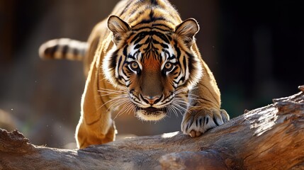 Aufkleber - Captivating close up of a majestic tiger with vibrant orange and black stripes, perched on a weathered log. The tiger gazes directly at the camera, creating an engaging wildlife portrait in soft