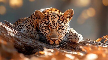 Aufkleber - Captivating close up view of a leopard resting on a tree branch with blurred bokeh background. Warm lighting highlights the leopard's spotted coat and serene expression in its eyes. Focus on the