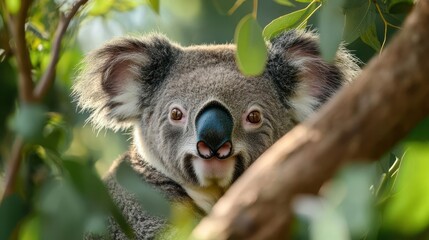 Poster - A close-up, detailed shot of a koala nestled among the branches and leaves of a tree. The koala's face is prominently featured, with its distinctive nose and ears. The surrounding foliage is vibrant