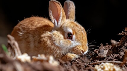 Poster - A close-up, eye-level shot of a reddish-brown rabbit, illuminated by sunlight, against a dark background. The rabbit is surrounded by dirt and some light-colored, scattered food, creating a natural