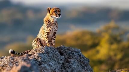 Aufkleber - Focused close up of a cheetah sitting atop a rocky outcrop, sunlight dappling its coat, set against a blurred backdrop of green trees. The cheetah's gaze is directed to the right, creating a sense of