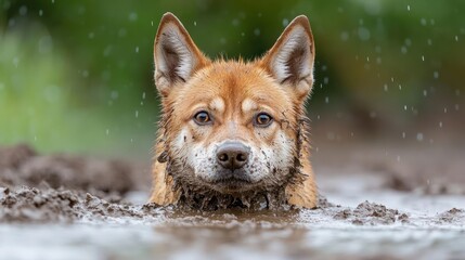 Poster - Portrait of a fox-like dog in a muddy puddle with splashes and water droplets. The dog is partially submerged, showcasing its head, ears, and shoulders covered in mud against a blurred green