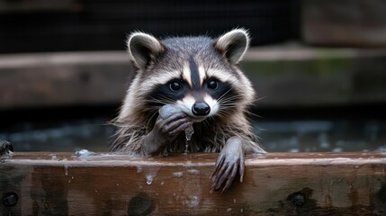 Poster - Close up of a raccoon standing on its hind legs inside of a wooden structure, hands grasping something near its mouth, water dripping from its fur with blurred background in natural light