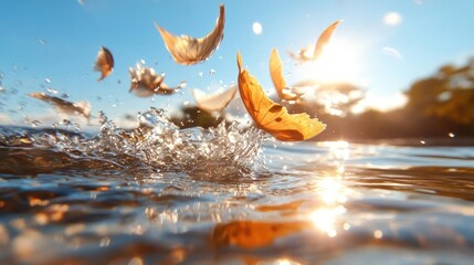 Poster - Dynamic shot of golden leaves suspended mid-air, momentarily frozen as they interact with a splash of water, all bathed in the warm glow of a setting sun over tranquil river in a scenic autumn