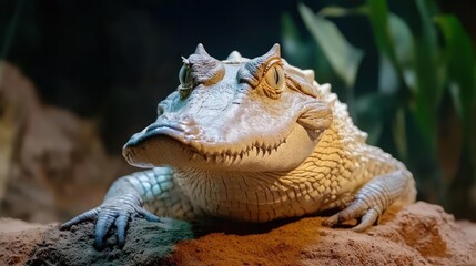 Poster - Close up of a Yacare Caiman against a blurred background. It is lying on the sand. It has light coloring with some spots on its skin. The lighting is soft and diffused highlighting its texture