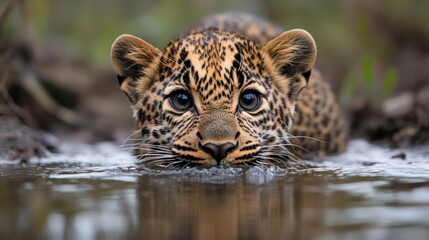 Aufkleber - Close up of a young leopard cub approaching the viewer from a low angle in a body of water, its reflection visible in the rippled surface under soft, natural light with a blurred forest background