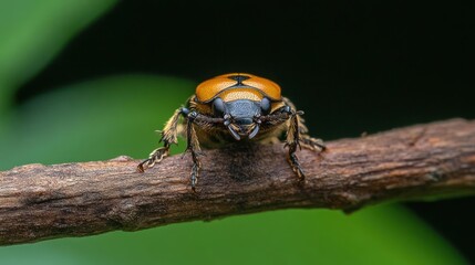 Poster - Close up of a vibrant orange and black beetle perched on a textured brown twig, set against a backdrop of blurred green foliage creating a natural and detailed macro image. Focus on the beetle's