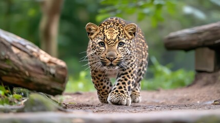 Aufkleber - A close-up full shot of a walking leopard with black and tan spotted fur and long tail, walking directly towards the camera on a dirt path lined with green foliage