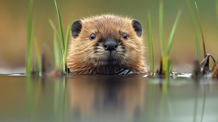 Poster - Adorable close-up of a brown otter peering from calm water, surrounded by green grass blades, its face prominently centered in the frame with clear details and glossy eyes, under natural lighting and