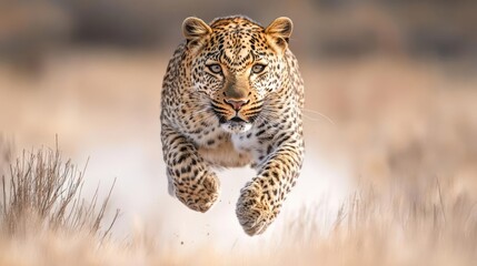 Aufkleber - Leopard with intense stare running in a field of tall golden grass with dirt and dust kicking up. Eyes are trained on the viewer with soft focus on the background. Daytime shot with a slightly low