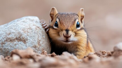 Poster - Focused close-up of a chipmunk peering from behind a light gray stone on a blurred brown earthen background. The chipmunk features a brown, black, and white striped coat and an alert expression
