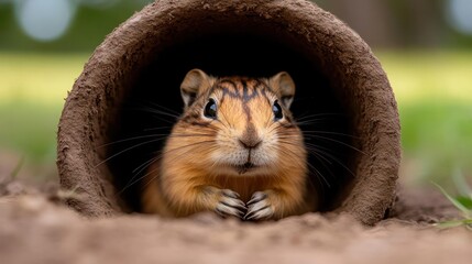 Poster - Close-up shot of a cute rodent nestled inside a burrow, surrounded by greenery. The image captures the animal's curious expression and textured fur in natural lighting. The burrow entrance is