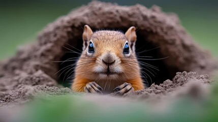 Poster - Close up of a brown squirrel peeking out from a dirt burrow, looking directly at the viewer with its paws resting on the edge of the opening. The background is blurred, featuring green grass and soft