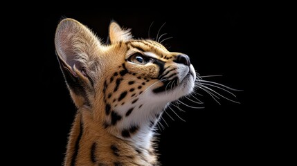 Aufkleber - A close-up shot of a serval cat looking up against a black background. The serval's fur is a mix of light brown and black spots, highlighting its sleek and wild appearance